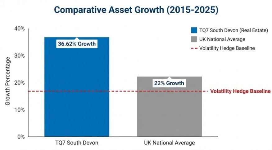 Financial bar chart showing TQ7 South Devon property appreciation at 36.62% compared to the UK national average over ten years.