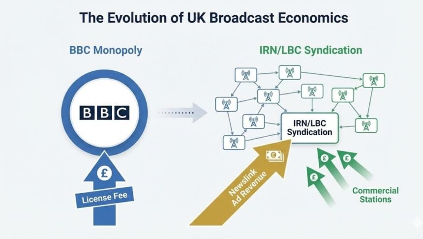 Infographic comparing the BBC centralized funding model vs the IRN/LBC decentralized syndication and Newslink ad revenue model