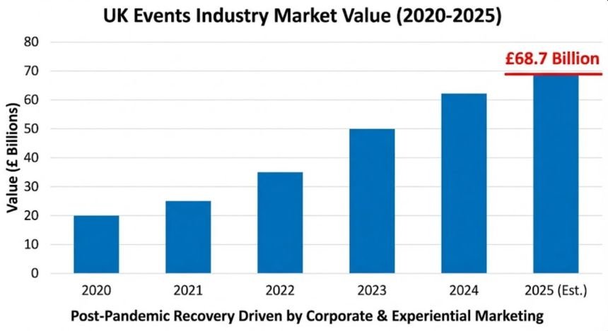 Bar chart showing UK Events Industry Market Value growth from 2020 to 2025, highlighting the £68.7 Billion valuation.