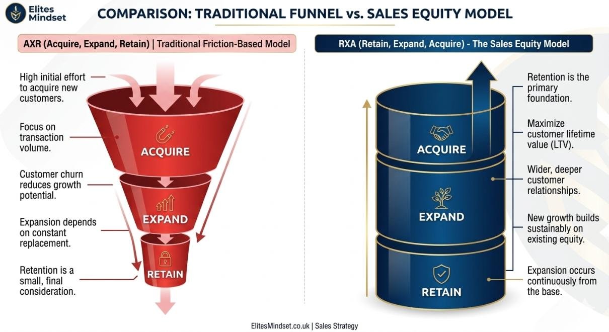 A strategic diagram comparing the traditional AXR (Acquire, Expand, Retain) sales funnel against Tom Cates' RXA (Retain, Expand, Acquire) Sales Equity model.