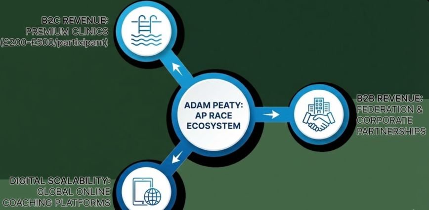 Hub and spoke flowchart illustrating the Adam Peaty AP Race ecosystem, branching into B2C premium clinics, B2B corporate partnerships, and digital online coaching.