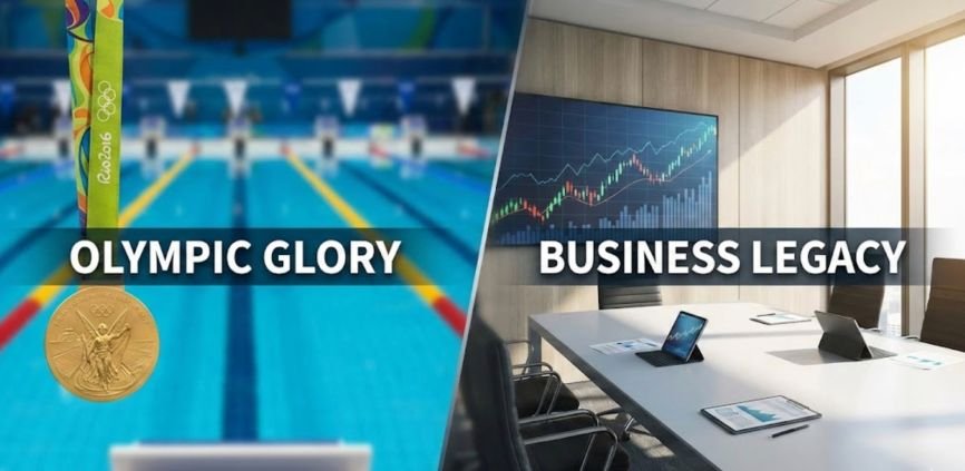 Split screen showing an Olympic gold medal over a swimming pool transitioning into a modern corporate boardroom with financial charts.