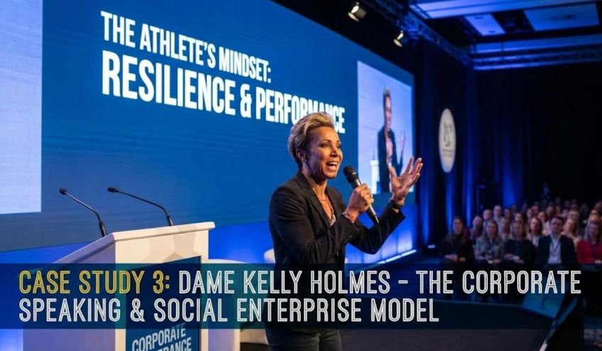 Dame Kelly Holmes delivering a corporate keynote speech on stage to a large professional audience.