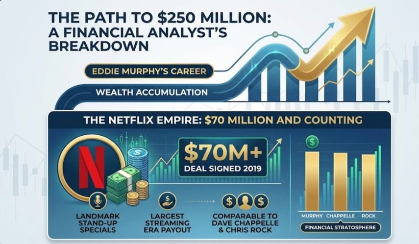 Eddie Murphy Net Worth 2026 Financial Breakdown: Infographic analyzing his landmark $70 million Netflix deal and wealth accumulation strategy.