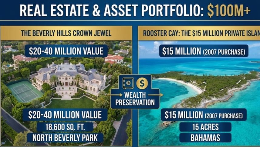 Infographic illustrating Eddie Murphy's $100M Real Estate Portfolio value breakdown: Beverly Hills estate and Bahamas private island valuation data.
