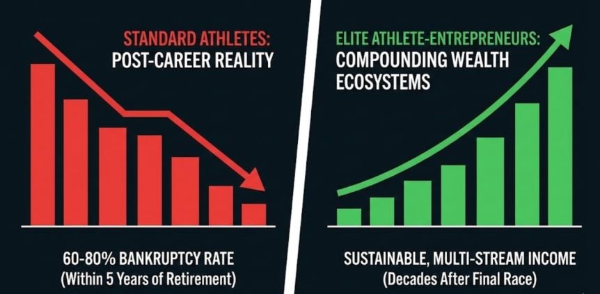 Bar chart contrasting the 60 to 80 percent bankruptcy rate of standard athletes with the compounding wealth ecosystems of elite athlete-entrepreneurs.