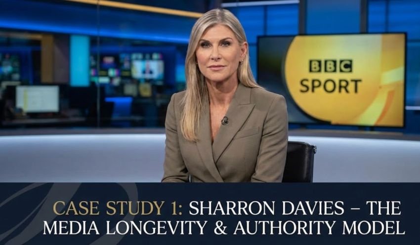 Baroness Sharron Davies presenting in a professional broadcast sports television studio setting.