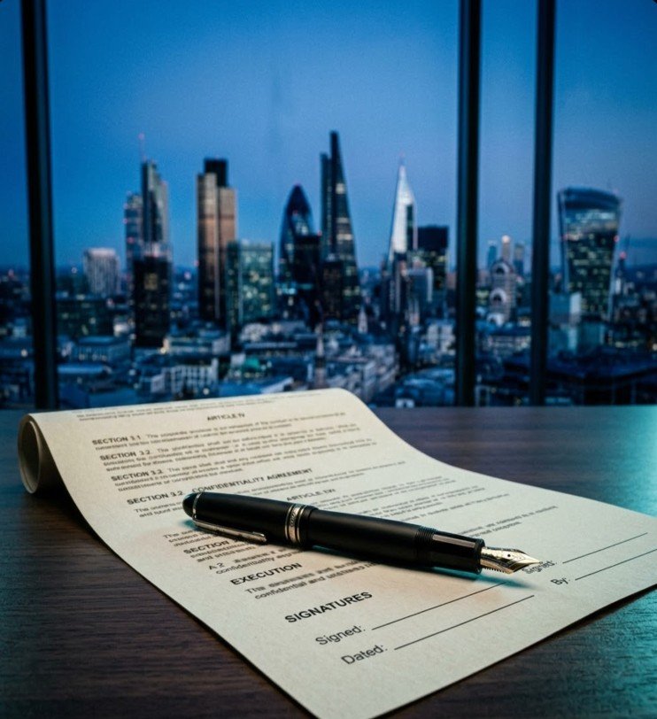 A premium fountain pen resting on an unrolled corporate contract with a blurred global tech hub cityscape in the background at blue hour.