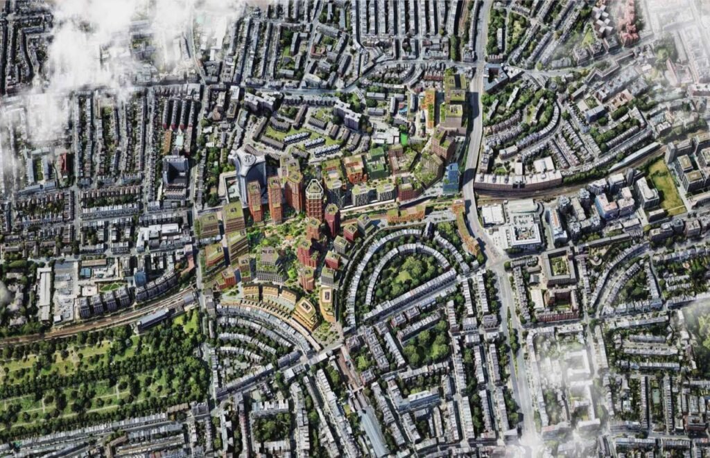 Aerial view of the £10 billion Earls Court Masterplan redevelopment, showing 40 acres of new residential and commercial buildings integrated into Zone 1 London.