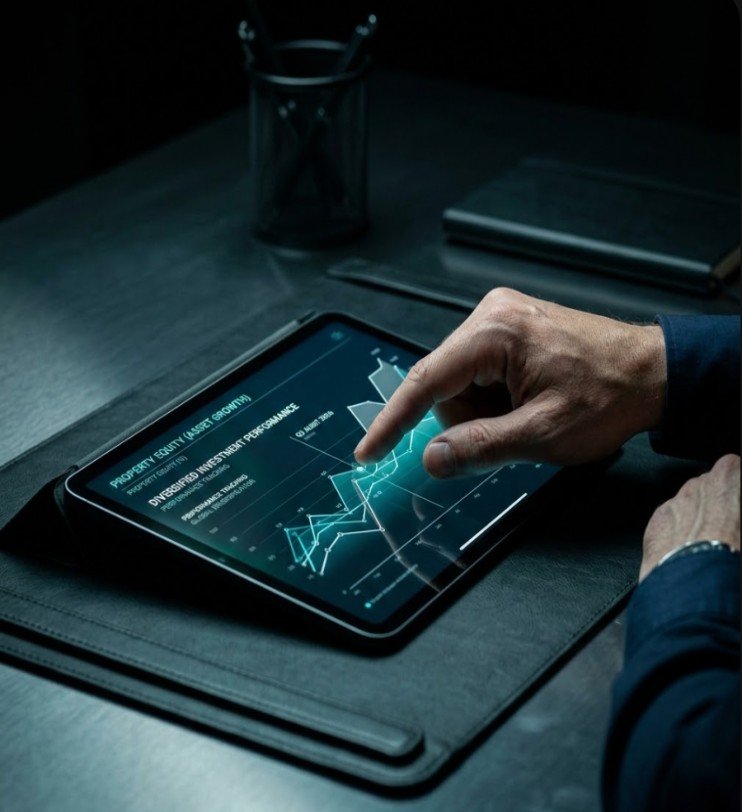 Macro shot of a high-end financial terminal with teal data visualizations showing net worth analytics and investment strategy.