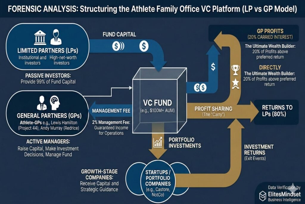 A professional institutional-grade flowchart titled "Forensic Analysis: Structuring the Athlete Family Office VC Platform," illustrating the capital flow between Limited Partners (LPs), a central VC Fund, and General Partners (GPs) like Lewis Hamilton and Andy Murray.