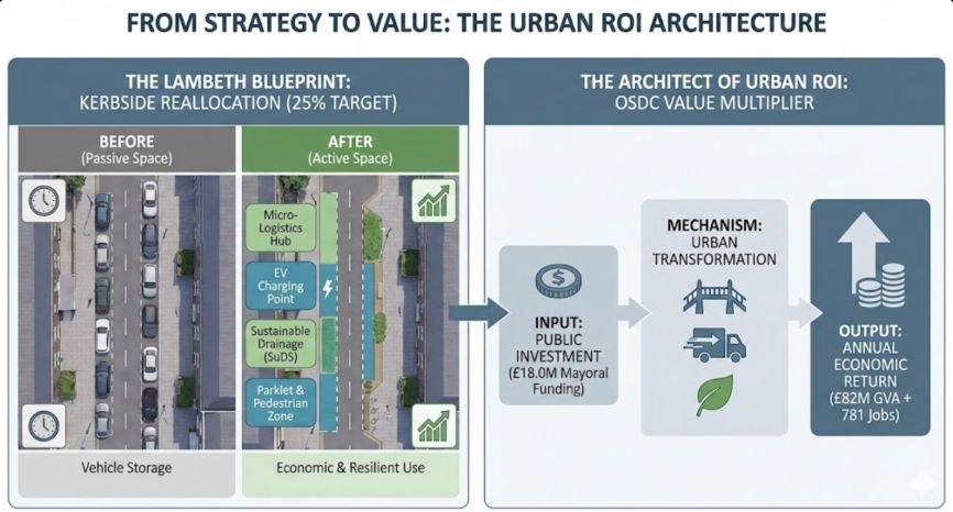 From Strategy to Value' showing the transition of Lambeth's kerbside strategy into the Oxford Street Development Corp's £82M annual GVA multiplier