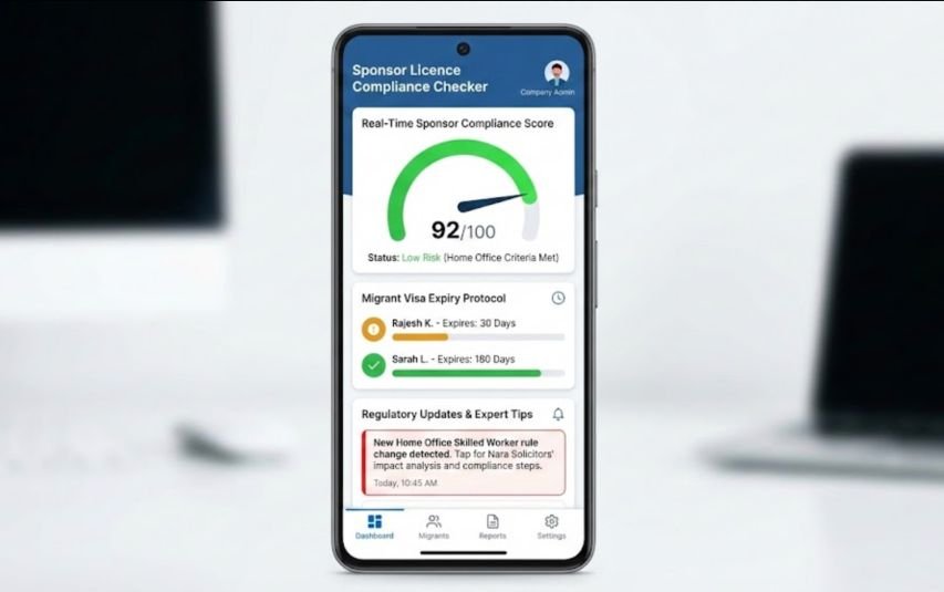 Smartphone interface mockup of the Sponsor Licence Compliance Checker app by Nara Solicitors, displaying a real-time compliance score and visa expiry monitoring alerts.