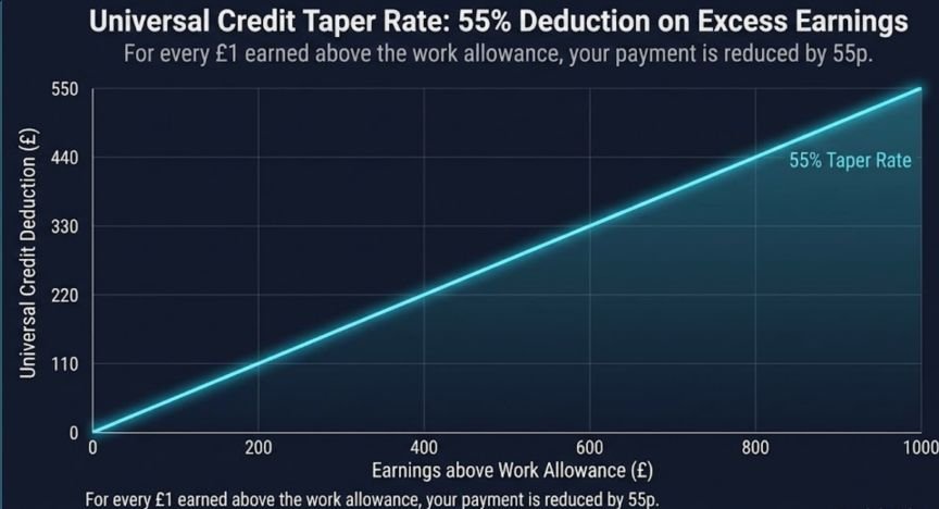 Financial chart showing the Universal Credit Taper Rate at 55%, illustrating how every £1 earned above the work allowance results in a 55p reduction in benefits.