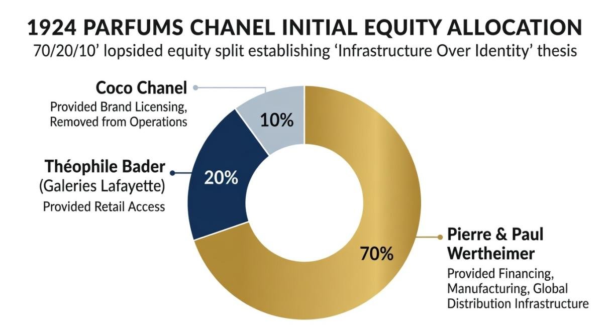 Donut chart visual showing the lopsided 70/20/10 equity split in the 1924 deal establishing Parfums Chanel between the Wertheimers, Bader, and Coco Chanel.