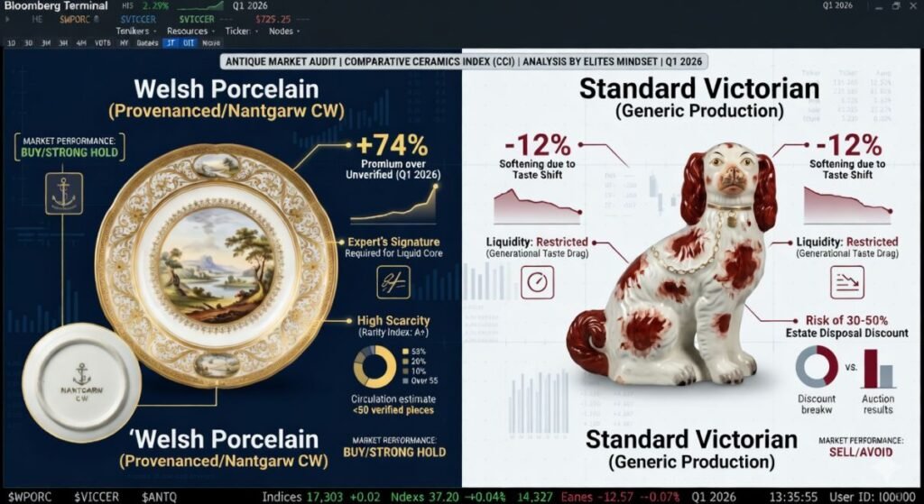 A professional Bloomberg-terminal style financial comparison chart of Welsh Porcelain vs. Standard Victorian markets in 2026.