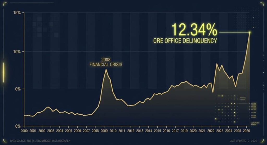 Financial chart comparing the 2008 property crash to the 12.34 percent CRE office delinquency spike in 2026.