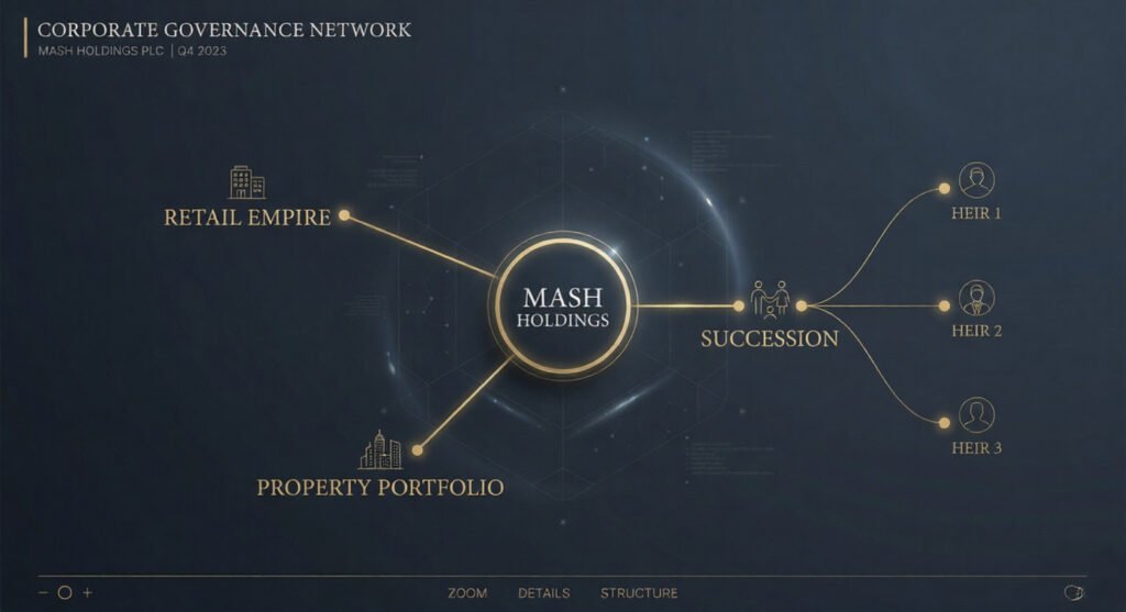 A corporate governance network graph showing the relationship between Mike Ashley, Linda Jerlmyr, Mash Holdings, and their children.