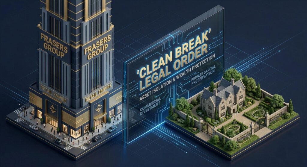 A conceptual 3D visualization showing a legal 'firewall' separating the Frasers Group retail empire from the private property portfolio of Linda Jerlmyr.