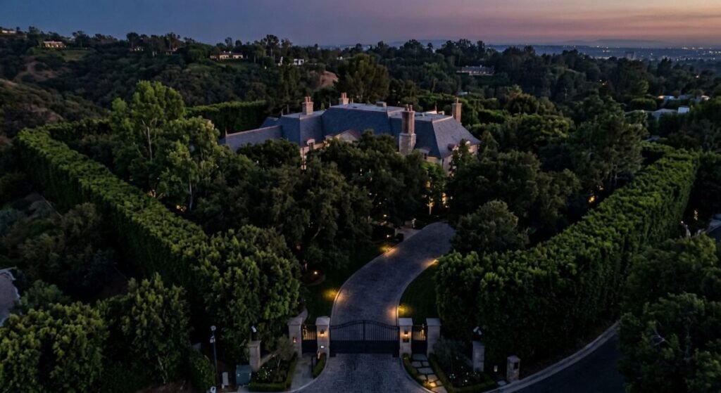 Bel Air 90077 traditional fortress estate completely hidden behind mature trees and massive privacy hedges.