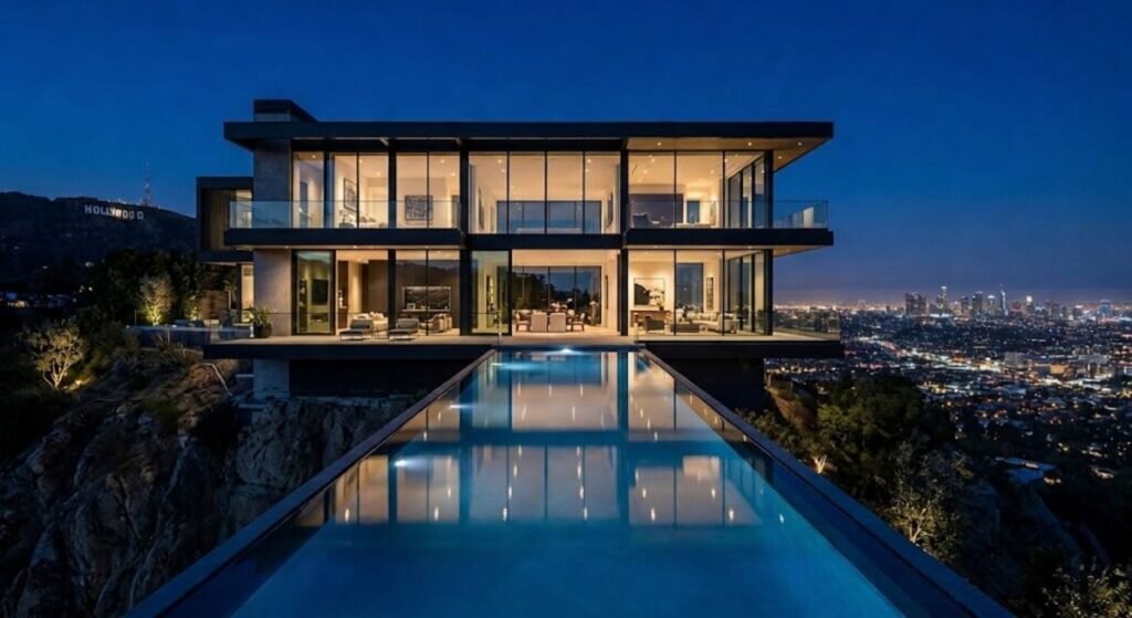 Sleek modern glass mansion cantilevered over the Hollywood Hills Bird Streets (90069) with panoramic LA views.