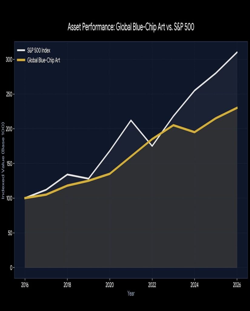 Financial chart comparing the historical returns of the global blue-chip art market against the S&P 500 index.