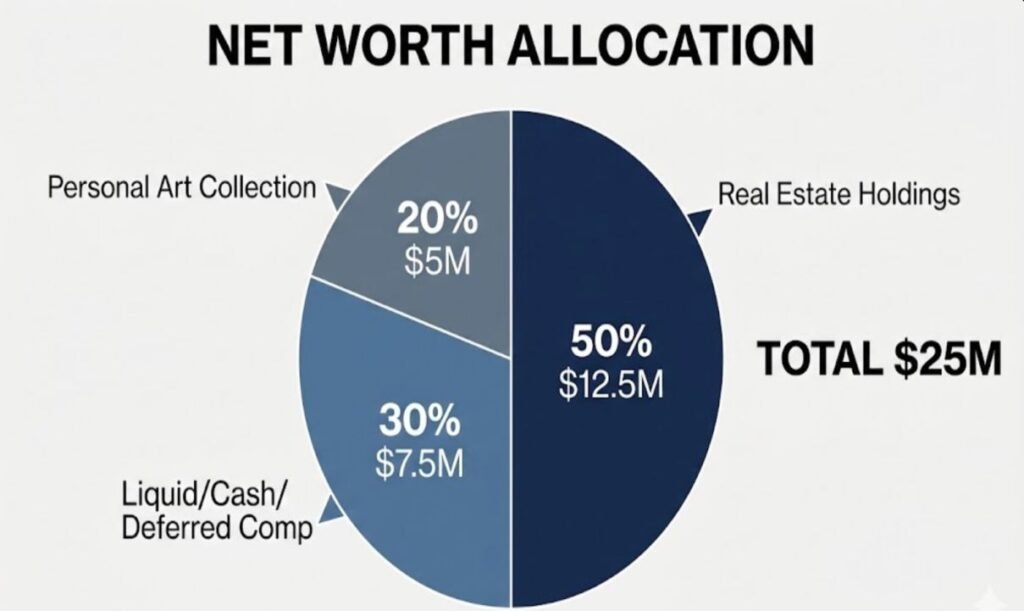 Pie chart showing Cooke Maroney's $25 million net worth allocated across real estate, liquid assets, and his personal art collection.