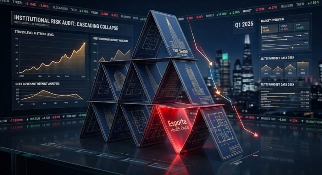 Infographic showing how the Esporta default triggered a cross-collateralization collapse of Simon Halabi's Shard stake.