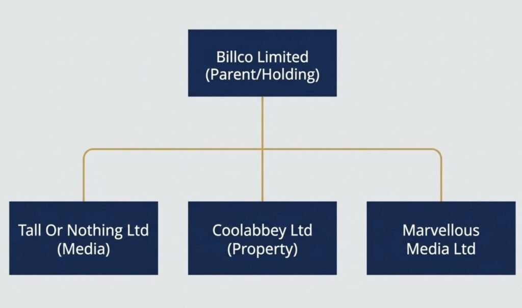 A corporate hierarchy chart showing the relationship between Billco Limited and its subsidiary companies.