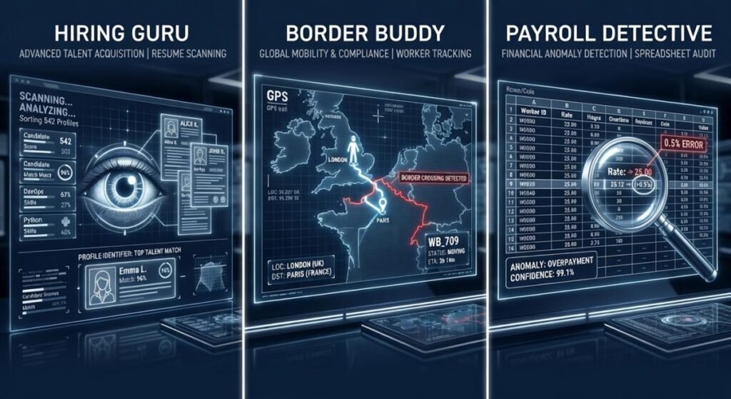 A 3-panel visual showing the "Hiring Guru," "Border Buddy," and "Payroll Detective" AI agents monitoring global workflows in real-time.