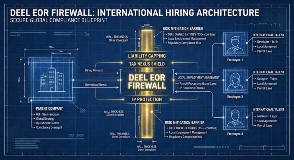 A technical schematic comparing "Owned Entity EOR" architecture versus "Partner Aggregator" models, highlighting the risk mitigation of Deel’s 2026 infrastructure.