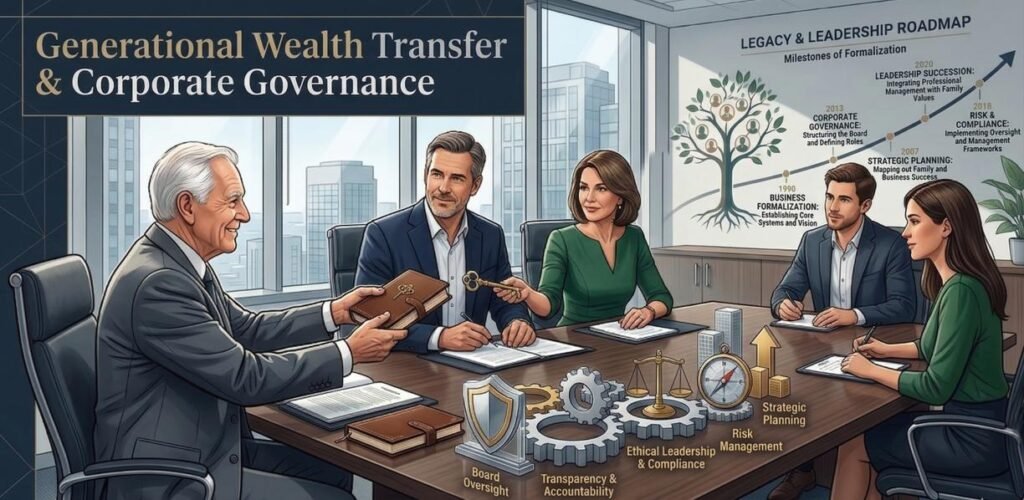 A professional boardroom scene illustrating generational wealth transfer. An elder mentor hands a legacy book to a younger successor. The background features a 'Legacy & Leadership Roadmap' with milestones from 1990 to 2020+. Desk icons represent Board Oversight, Transparency, and Risk Management.