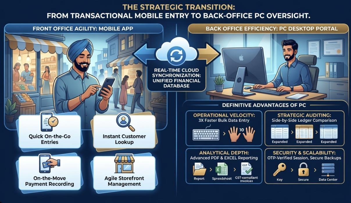Infographic illustrating the Khatabook hybrid workflow: Mobile for frontline store operations and PC for back-office accounting, reporting, and strategic auditing.