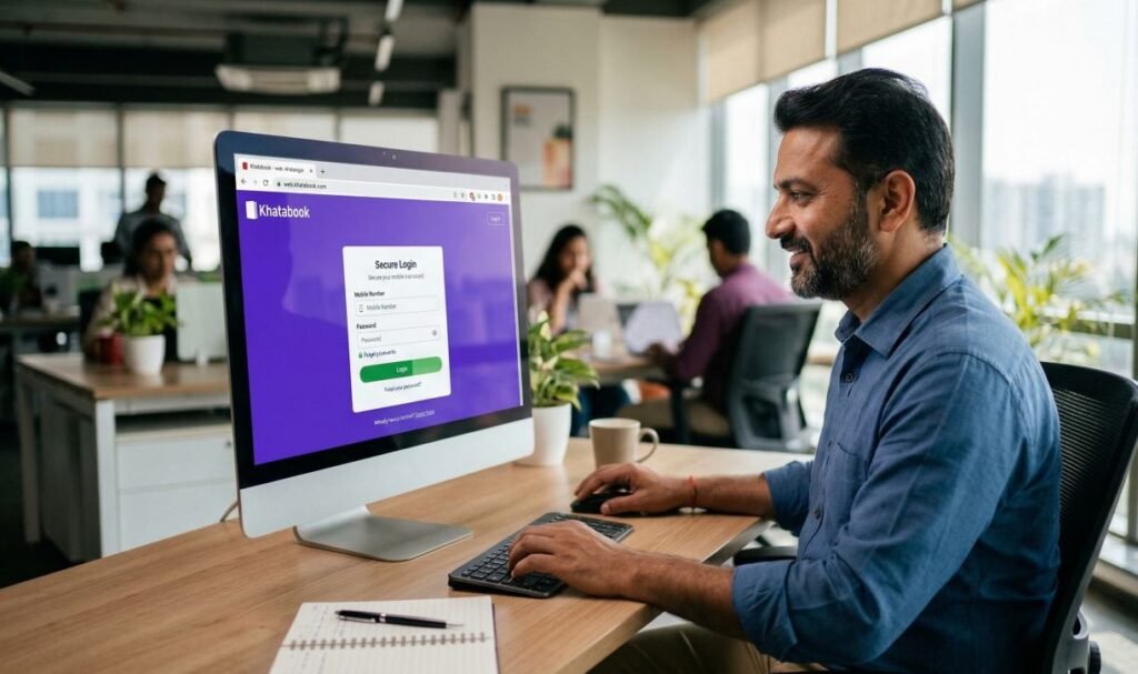 Infographic illustrating the official Khatabook browser login process step-by-step for PC and Mac.