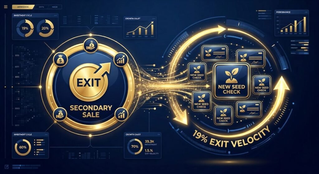 Financial flow chart of Kunal Shah's 19 percent exit rate and secondary market capital recycling.