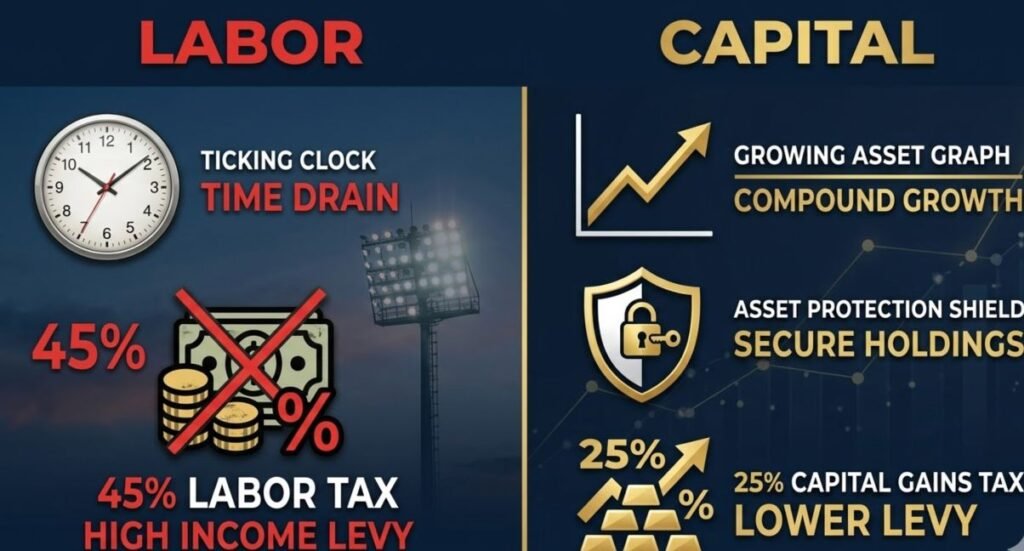 A visual comparison between the depreciating labor model of a footballer and the appreciating capital model of a business owner.