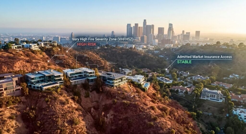 An aerial map visualization of Los Angeles luxury view properties within High-Risk Wildfire Zones (VHFHSZ), showing insurance liquidity.