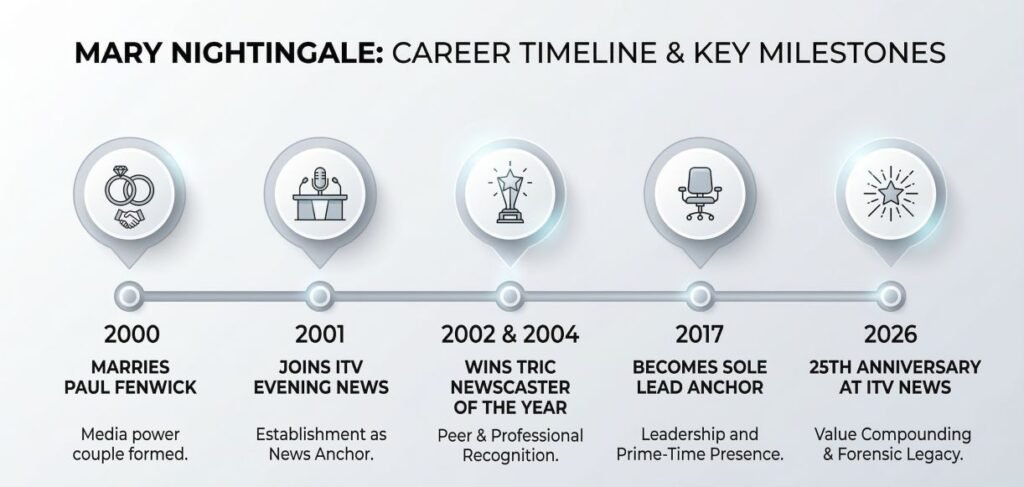 Career timeline of Mary Nightingale showing key milestones from marrying Paul Fenwick in 2000 to her 25th anniversary at ITV News in 2026.