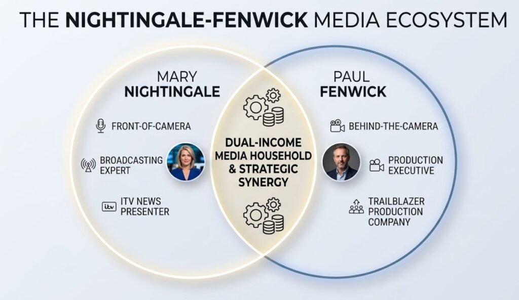 Venn diagram illustrating the strategic professional synergy between Mary Nightingale and her husband Paul Fenwick as a dual-income media household.