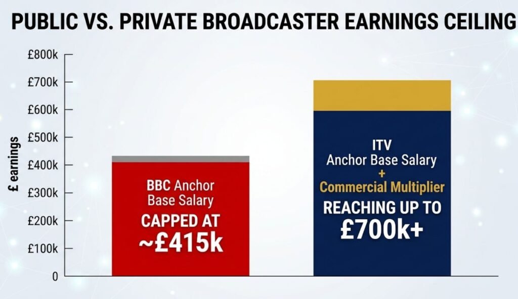 Financial bar chart comparing the BBC news anchor salary cap to Mary Nightingale's estimated ITV salary and commercial earnings multiplier.