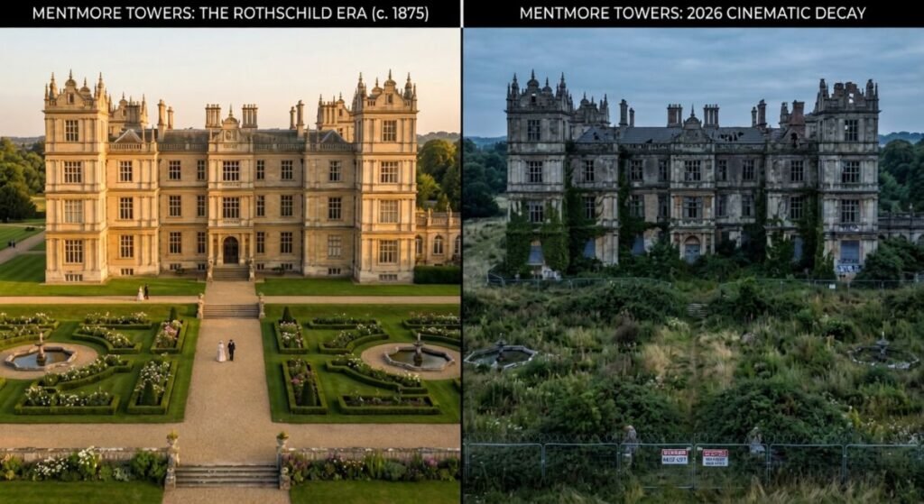Split-screen comparison of Mentmore Towers Rothschild opulence vs 2026 abandoned state.