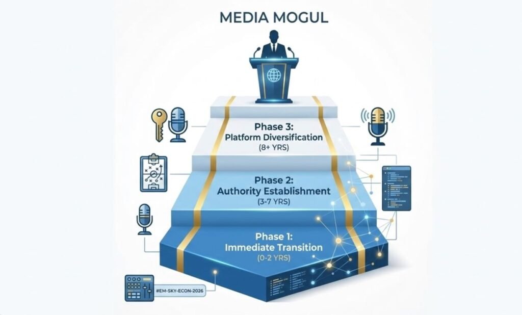 A sleek, modern infographic designed as a staircase labeled Phase 1, Phase 2, and Phase 3, illustrating the three-step career path from athlete to media mogul.