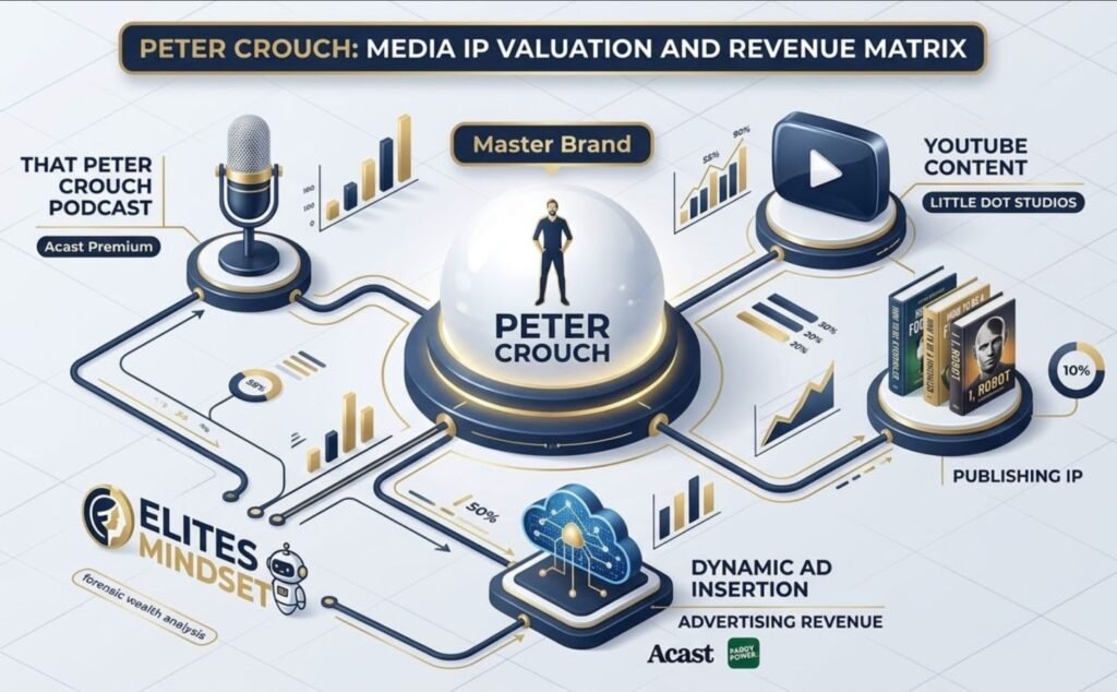 A 3D diagram illustrating the scalable revenue streams of Peter Crouch's media intellectual property.