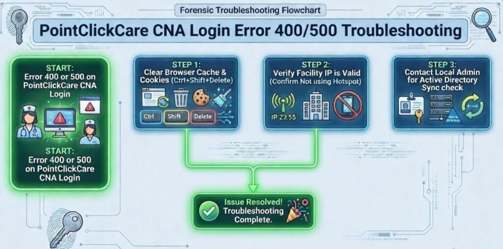 A 3-step forensic troubleshooting flowchart for PointClickCare CNA login errors 400 and 500, covering cache clearing, IP verification, and Active Directory sync.