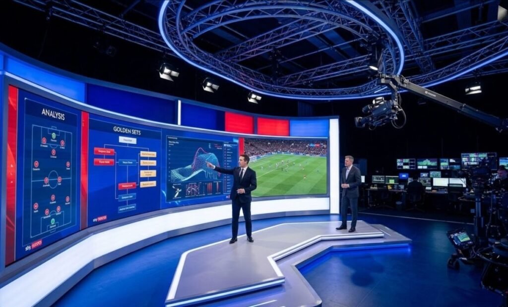 A wide-angle photograph of the Sky Sports Monday Night Football interactive touch-screen gantry in the studio during a broadcast.