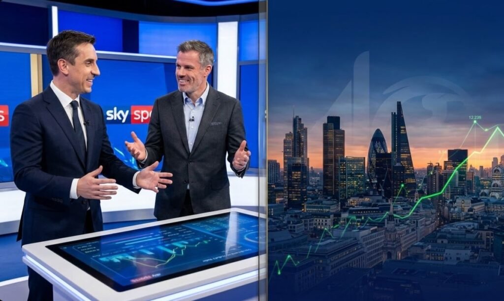 Split-screen graphic of Sky Sports pundits Gary Neville and Jamie Carragher broadcasting next to a subtle watermark of a financial stock graph and the London skyline.