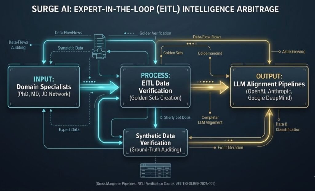 A technical engineering flowchart visualizing Surge AI's EITL Intelligence Arbitrage process, presented on a dark-mode 2026 technical document style with glowing cyan and cyber-gold data pathways. The horizontal flow moves from 'INPUT: Domain Specialists (PhD, MD, JD Network)' to 'PROCESS: EITL Data Verification (Golden Sets Creation)' and 'OUTPUT: LLM Alignment Pipelines (OpenAI, Anthropic, Google DeepMind)'. A sub-flow details 'Synthetic Data Verification (Ground-Truth Auditing)'. A footer confirms a 'Gross Margin on Pipelines: 78%'.