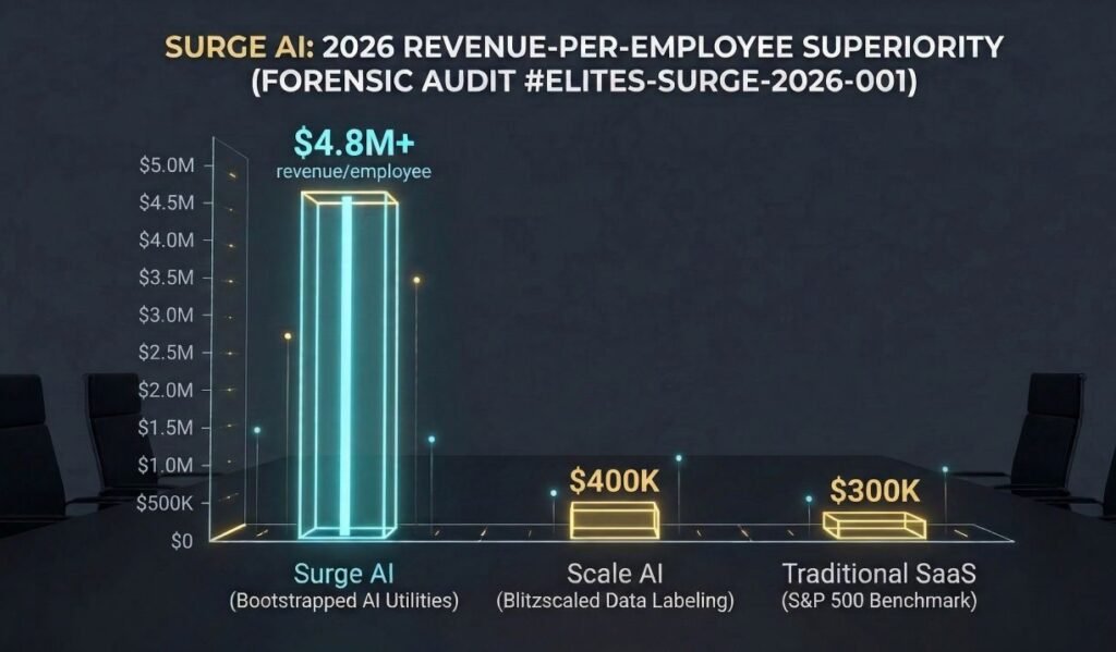 A 3D forensic bar chart comparing the 2026 revenue per employee of Surge AI ($4.8M+), Scale AI ($400K), and the Traditional SaaS S&P 500 average ($300K). Surge AI's bar is dominant, illustrating extreme operational leverage in the RLHF sector.