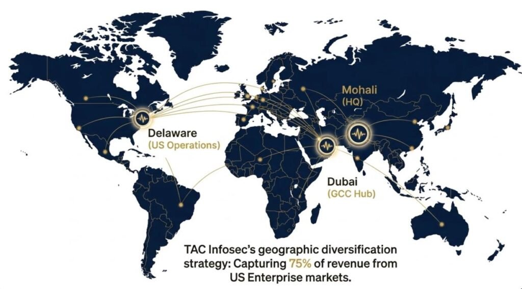 Forensic audit map showing TAC Infosec global hubs in Mohali, Delaware, and Dubai with 75% US enterprise revenue concentration.