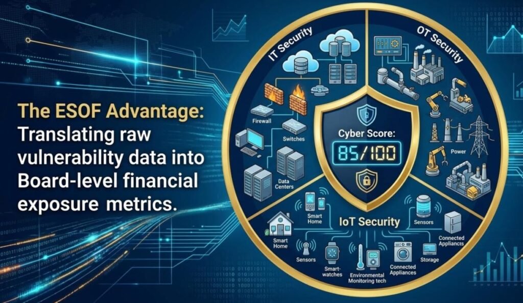 Circular shield infographic detailing the three pillars of TAC Security's ESOF platform: IT, OT, and IoT Security, with a central Cyber Score metric.